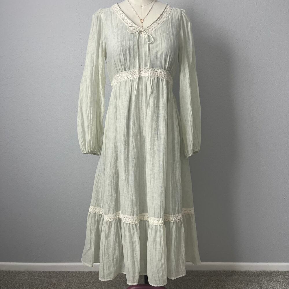Sage Green Cottagecore Chiffon Maxi Dress with Lace Trim S